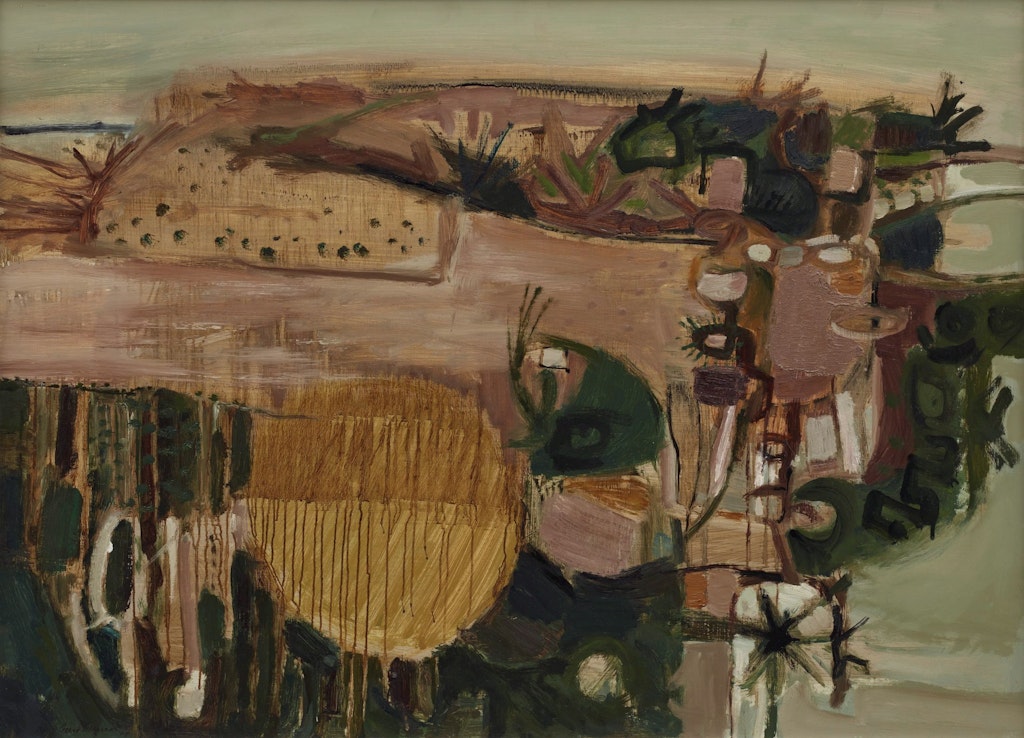 An abstract landscape painting in greens and browns