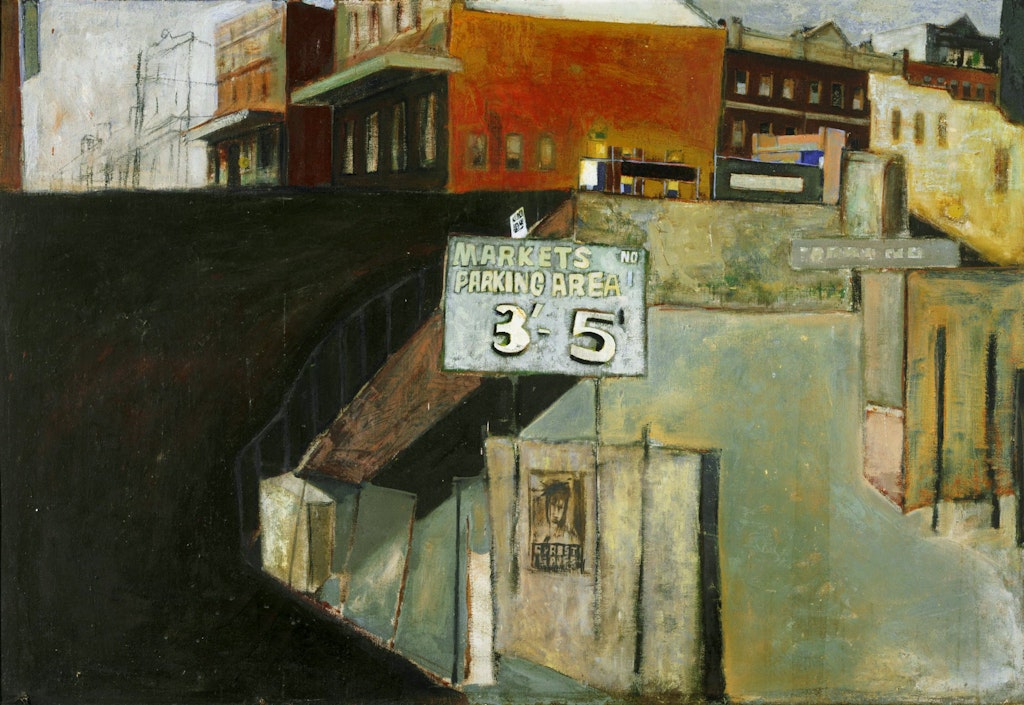An urban landscape painting with terrace buildings and a sign that says 'Markets parking area 3'-5''