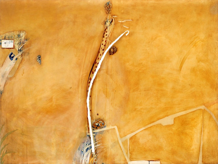 A stylised painting of two giraffes on a yellow background