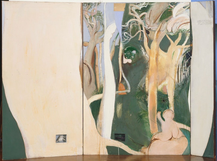 A multi-panelled painting of bushland with a rear view of a nude child at bottom right