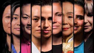 A partial view of the faces of nine people