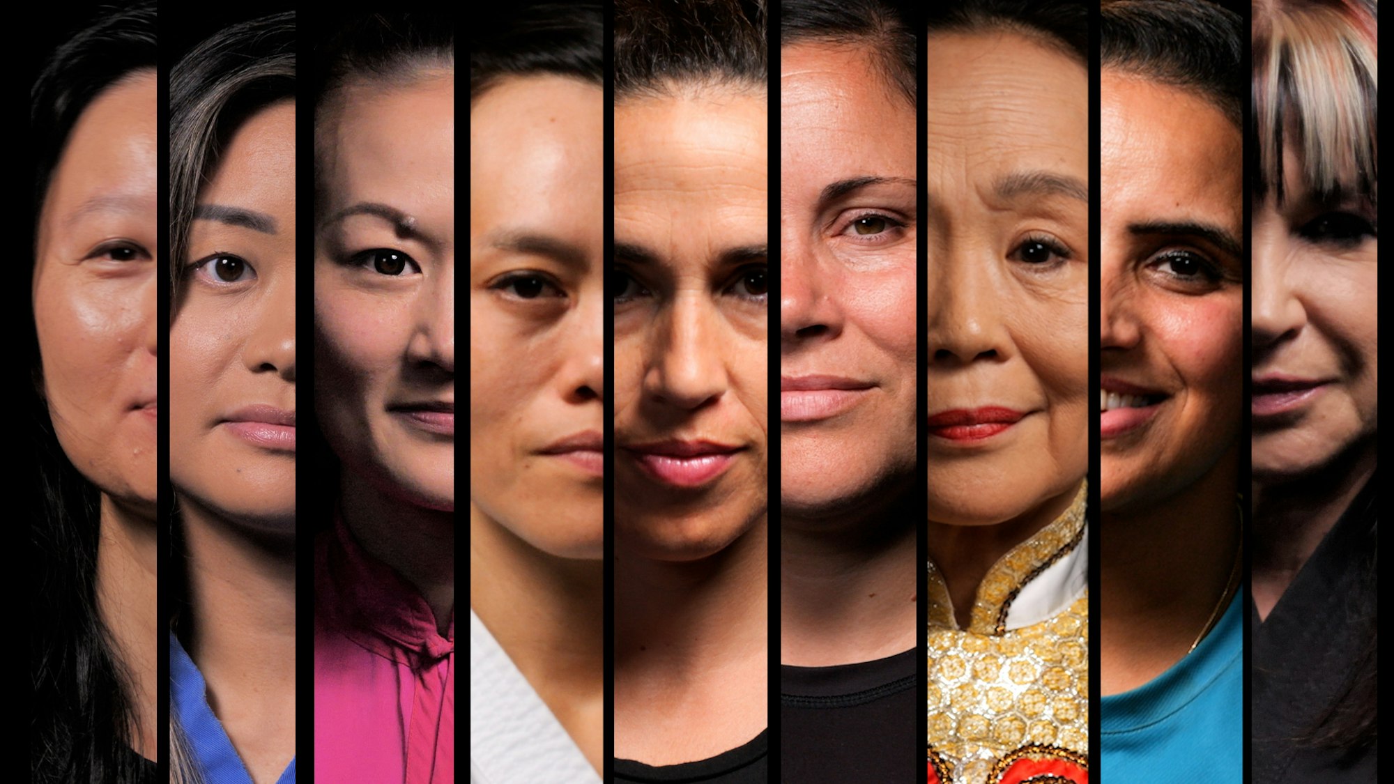 A partial view of the faces of nine people