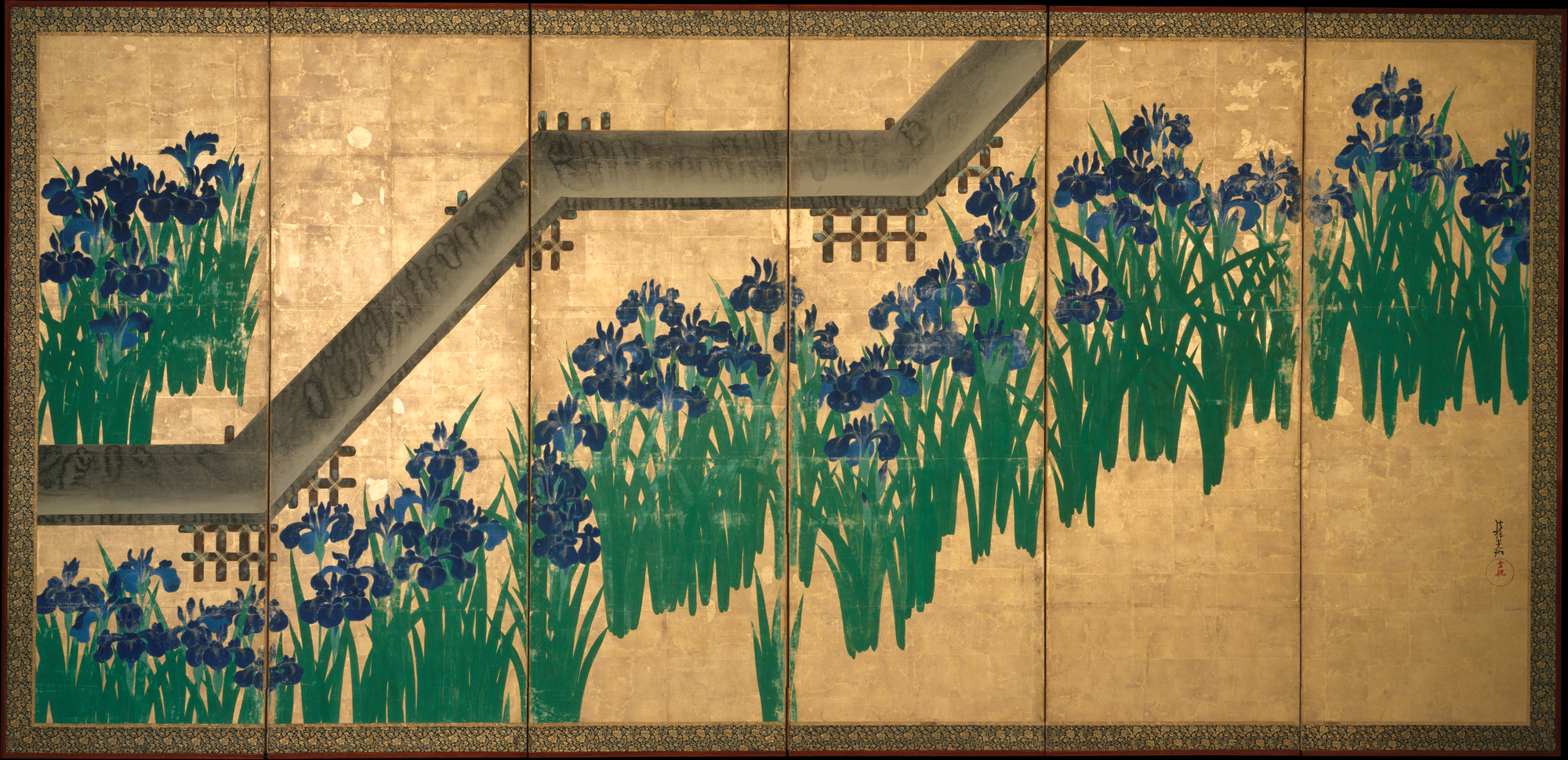 Ogata Kōrin Irises at Yatsuhashi (Eight Bridges) after 1709, The Metropolitan Museum of Art