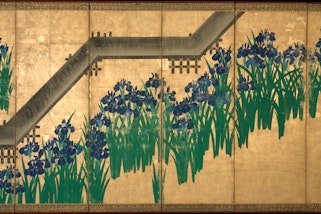 Ogata Kōrin Irises at Yatsuhashi (Eight Bridges) after 1709, The Metropolitan Museum of Art