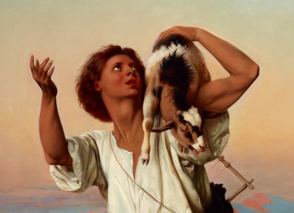 A person with a goat over their shoulder looks up, with one open palm also raised