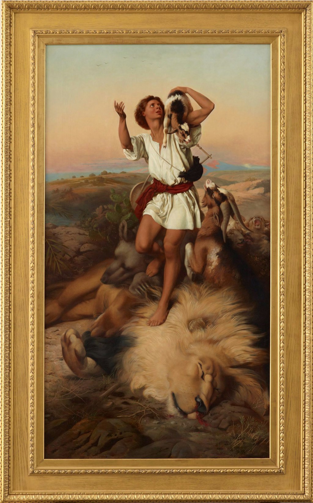 A person with a goat over their shoulder stands on a dead lion and bear while another goat bleats beside the figure