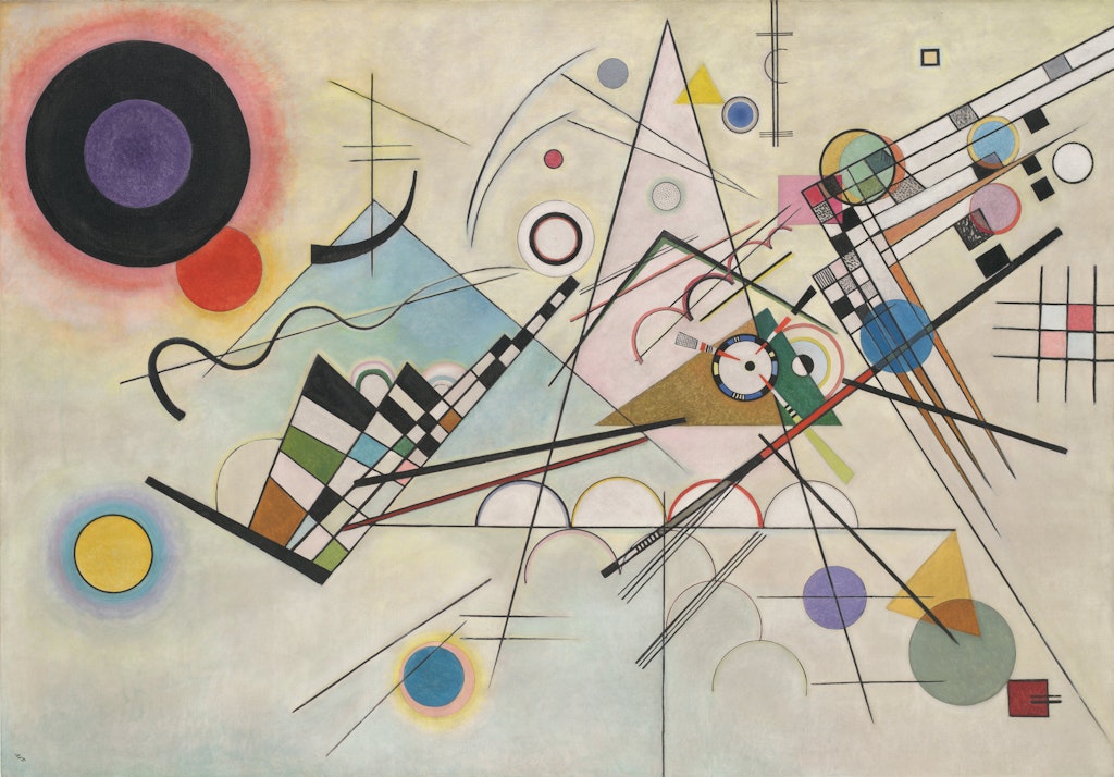 An abstract painting composed of many geometric shapes, including lines at various angles and colourful concentric circles