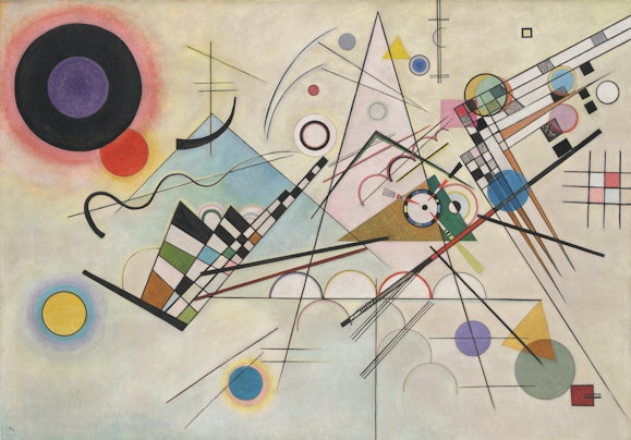 An abstract painting composed of many geometric shapes, including lines at various angles and colourful concentric circles