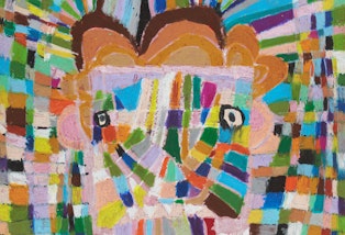 A colourful mosaic-like illustration of a head