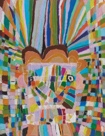 A colourful mosaic-like illustration of a head