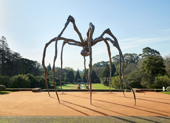 A ten-metre tall bronze sculpture of a spider installed on a sandy surface. In the distance is a garden lined with trees.