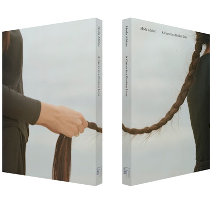 Image of a front and back cover of the book Hoda Afsher : A curve is a broken line, showing a person plaiting the hair of another with only their hands and torso showing.