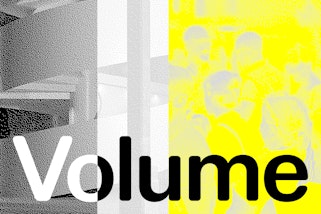 The word Volume on a dithered background of a spiral staircase and a crowd.