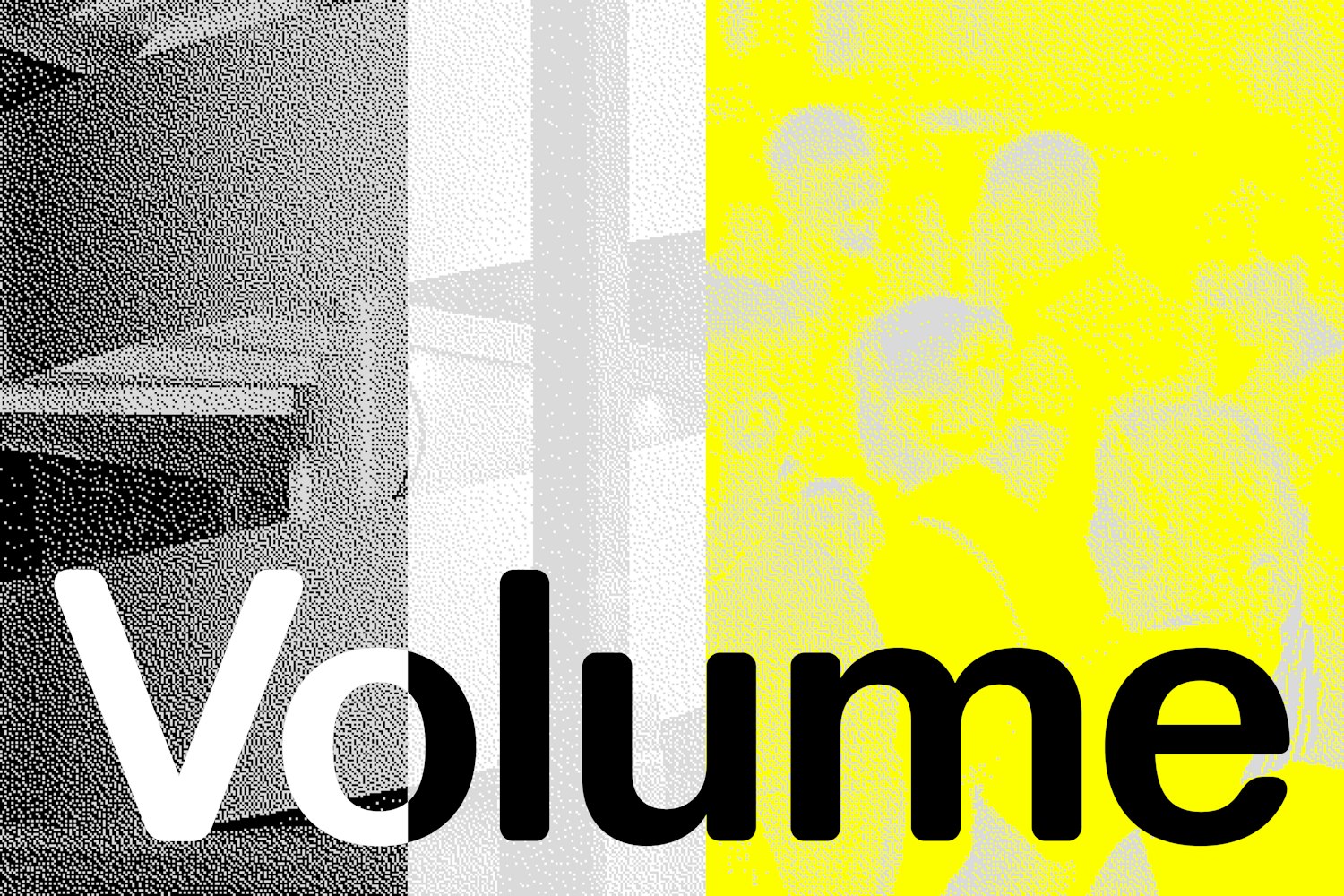 The word Volume on a dithered background of a spiral staircase and a crowd of people.