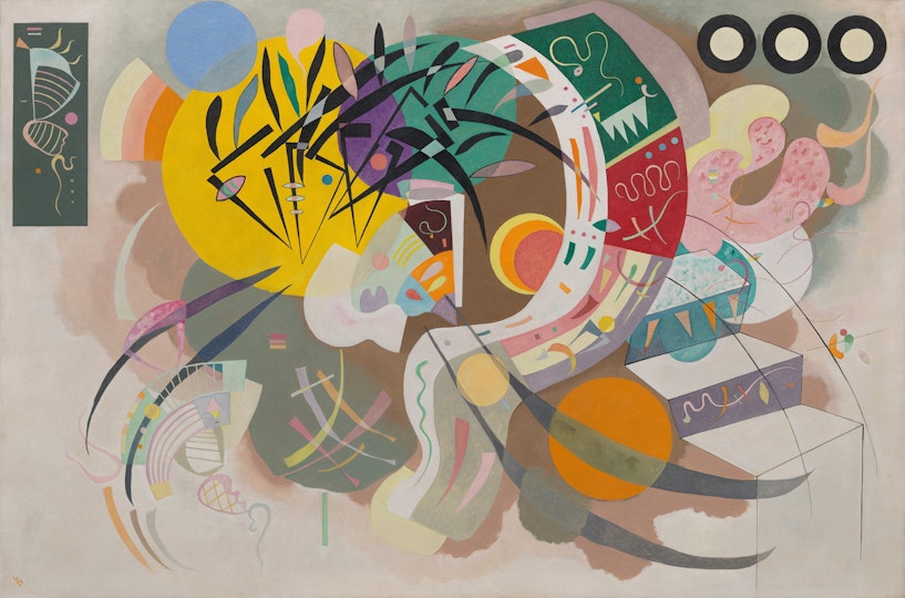 A complex arrangement of different coloured shapes and forms on a pale background