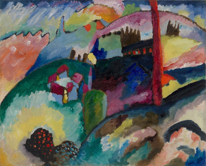 A colourful abstract painting including rounded hills and a rectangular shape with a tall chimney