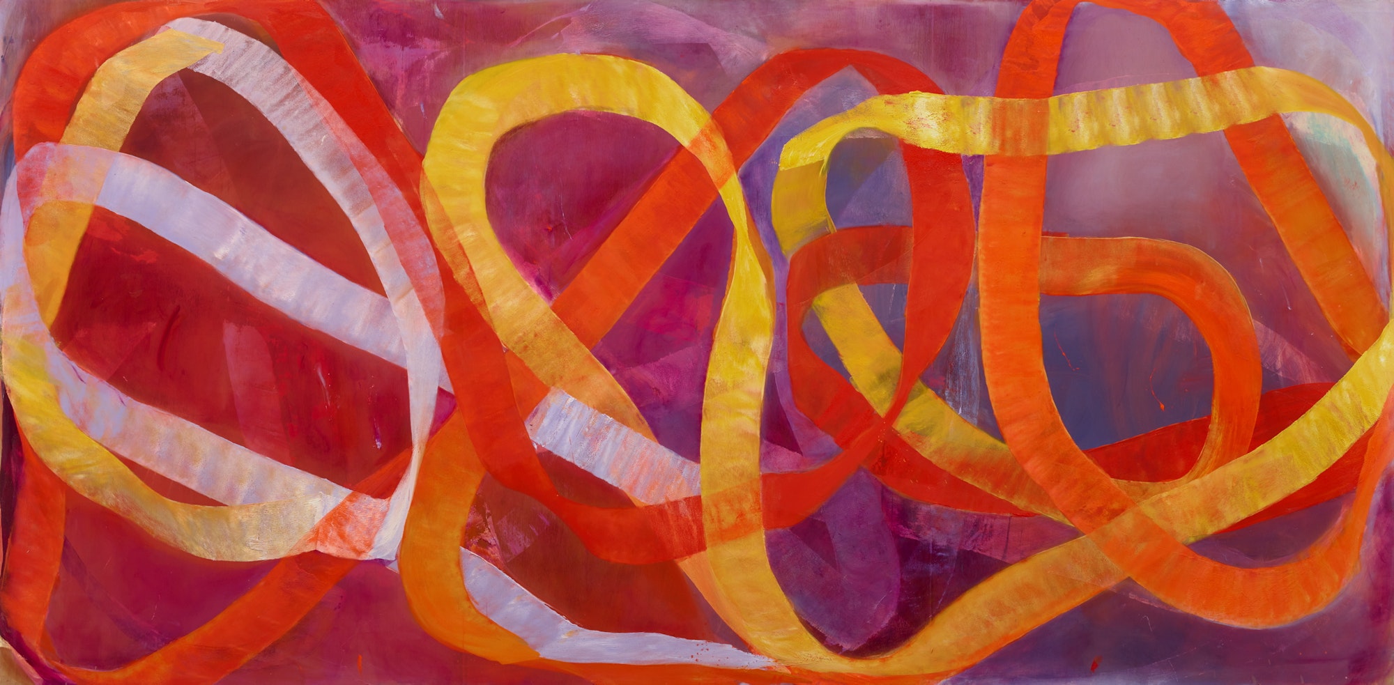 Looping bands of orange, yellow and white on a red and purple background