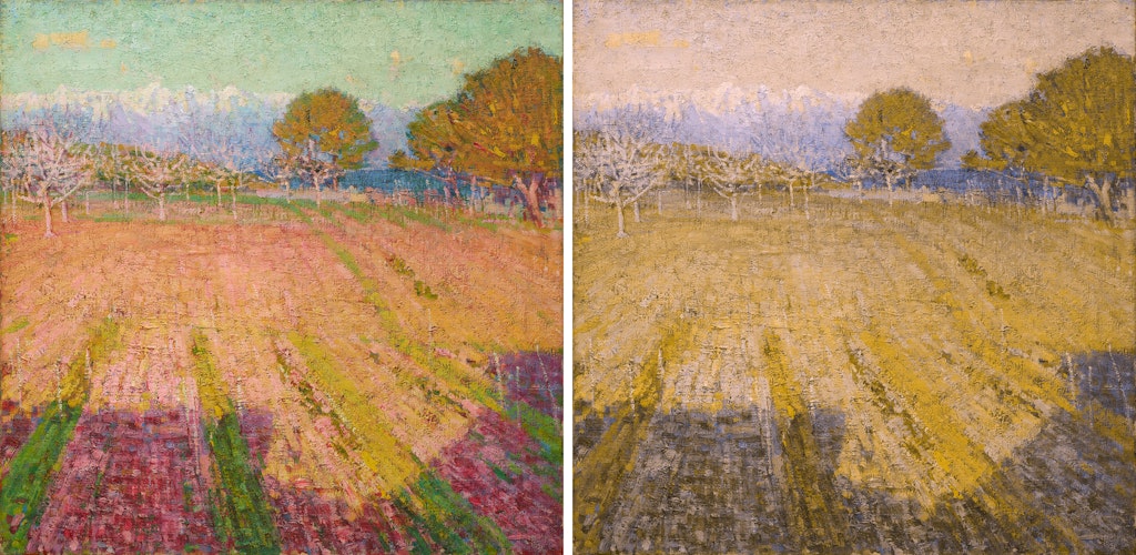 Two versions of a landscape painting. The one on the right has more muted colours.