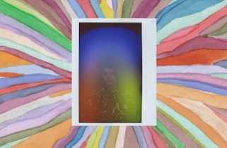 A portrait image of a person obscured by a coloured aura sits within a white rectangle on a background of coloured lines