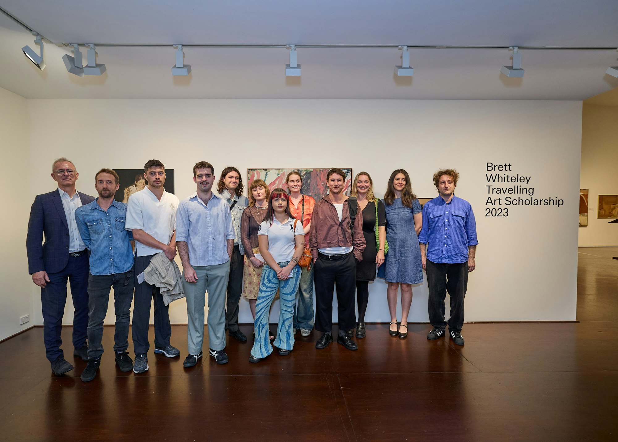 Left to right: Art Gallery of New South Wales director Michael Brand, artist and 2023 scholarship judge Guido Maestri and Brett Whiteley Travelling Art Scholarship 2023 recipients and finalists