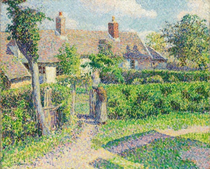 An impressionist painting of a person on a path outside a gate in a hedge in front of a building with two chimneys