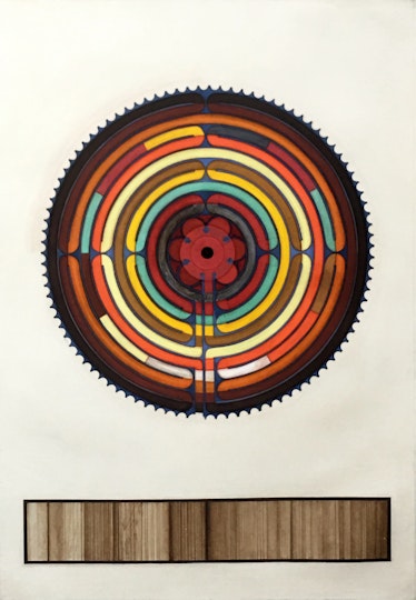 A circular form with coloured concentric lines and a flower at the centre. Underneath is a black-bordered rectangle with a wood grain