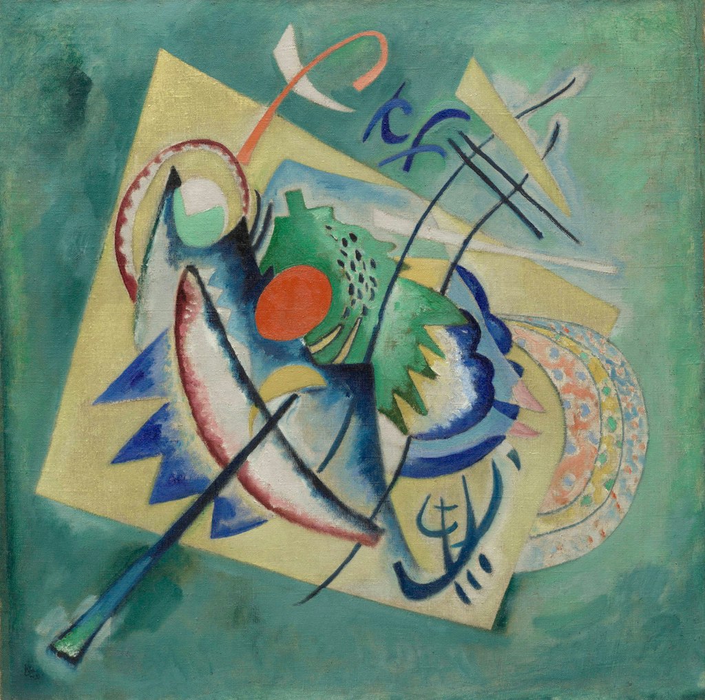A square painting with green, yellow, red and blue shapes and lines.