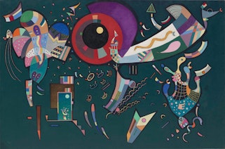 An abstract painting incorporating a red circle  around which are multi-coloured shapes on a dark green background