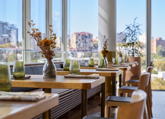 Restaurant interior with city views