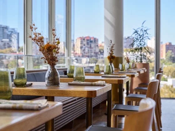 Restaurant interior with city views