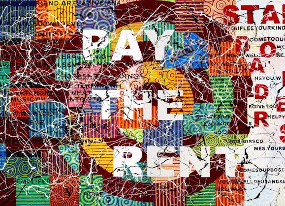 A painting with the words 'Pay the rent' in white capital letters on a background of colour sqaures and concentric circles