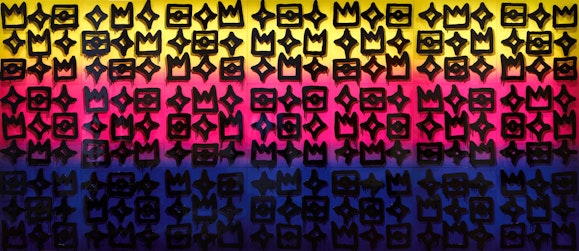 A pattern of black, spray-painted crowns, diamonds and Aboriginal flags on a background of yellow, pink and blue stripes.
