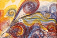 An abstract painting of swirling yellow, red, orange and purple lines