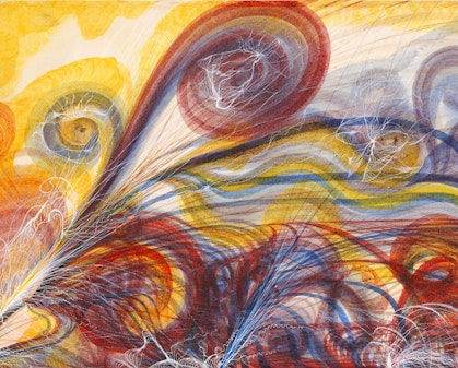 An abstract painting of swirling yellow, red, orange and purple lines