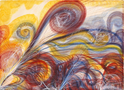 An abstract painting of swirling yellow, red, orange and purple lines