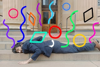 A person lies on a step outside a grand sandstone building. The image is decorated with colourful shapes and squiggly lines.