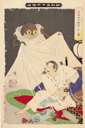 A woodblock print in colour of a large spider holding a cloth above a person about to draw a sword.