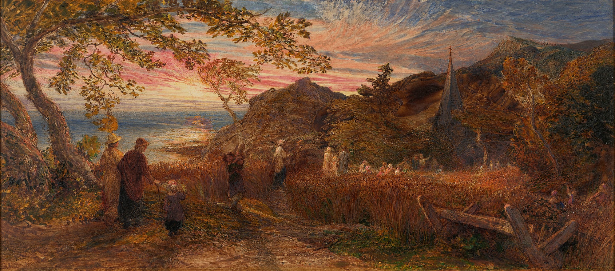 Samuel Palmer Going to evening church 1874, watercolour with scratching out and gum Arabic, 30 x 70 cm
