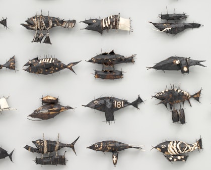 Part of an installation showing four rows of painted metal fish of different kinds