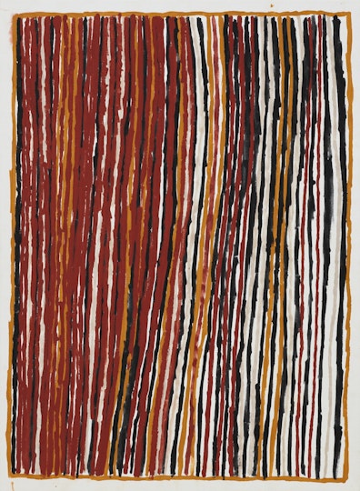 A painting of many uneven vertical lines in tones of brown