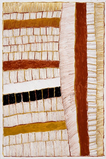 A painting of vertical blocks on the right and horizontal blocks on the left, with each block filled with marks or colour
