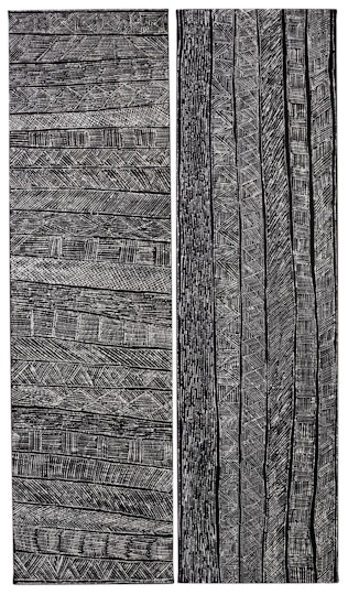 A two-panelled painting. The left panel has dense marks in horizontal blocks and the right panel has dense marks in vertical blocks