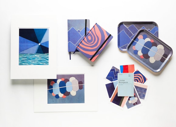Prints, notepads, postcards and trays printed with abstract art