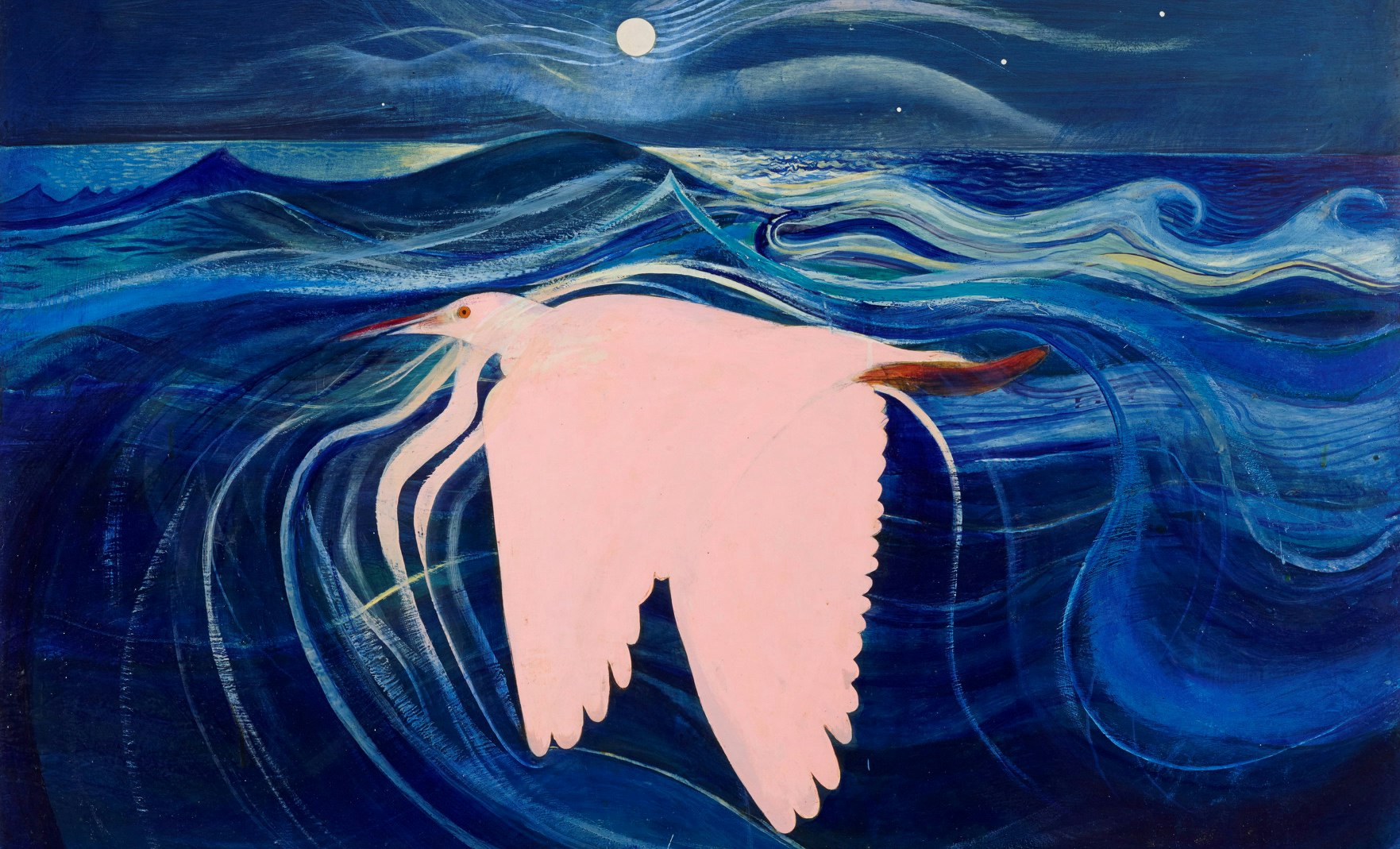 A bird flies over waves with a distant full moon