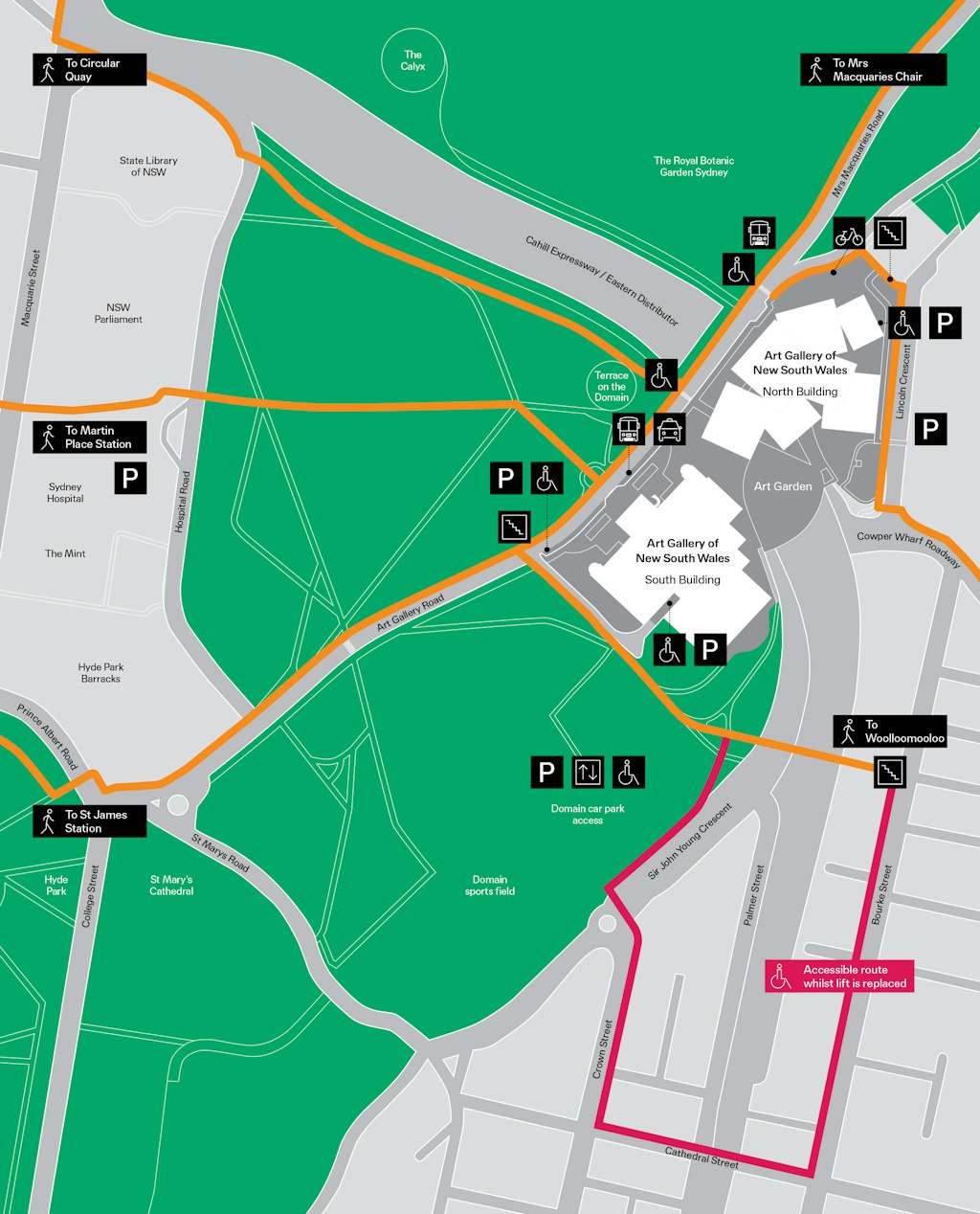 Map of the area around the Art Gallery showing various roads, pedestrian routes and accessible routes