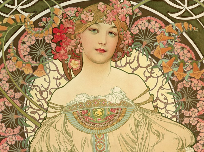 An ornate illustration, decorated with flowers, of a person with flowers in their hair