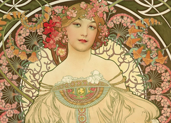 An ornate illustration, decorated with flowers, of a person with flowers in their hair