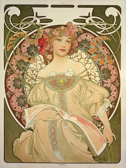 An ornate illustration, decorated with flowers, of a person with flowers in their hair, waring an embroidered dress and holding a large open book on their lap