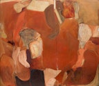 An abstract painting in earthy red and brown tones