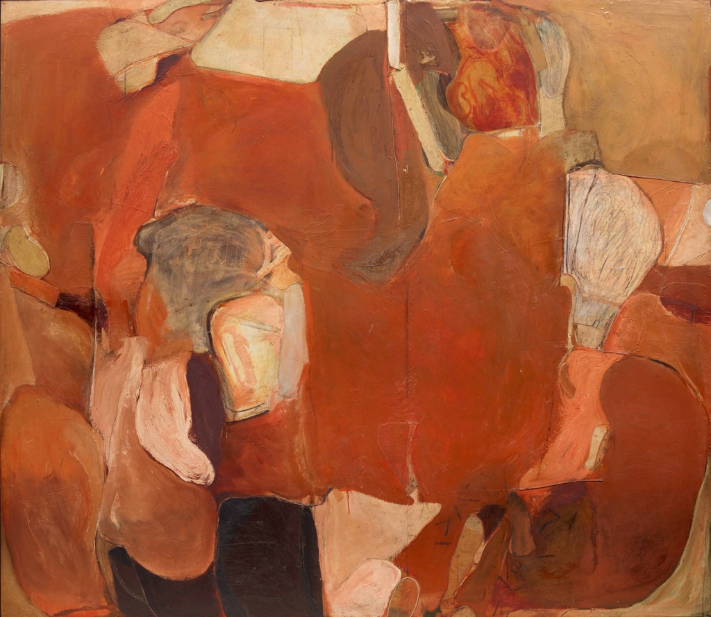 An abstract painting in earthy red and brown tones